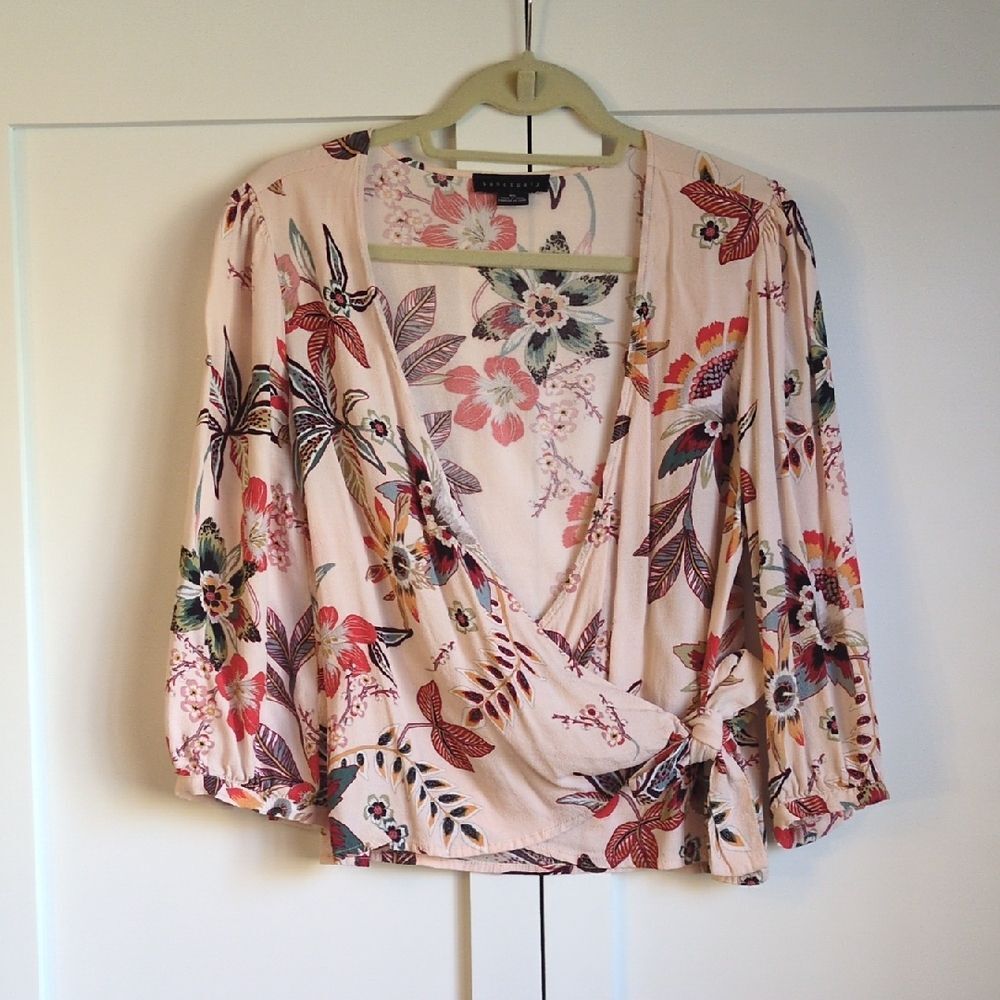 Sanctuary Floral Wrap Pink Green Blouse Balletcore Size XS